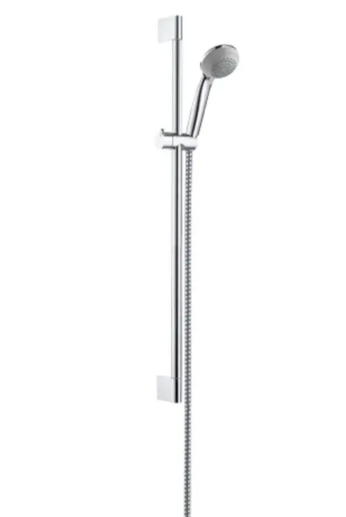 Hansgrohe Duschsystem mit senkrechter Stange, Handbrause und flexibler Schlauchleitung, in Chromoptik, montiert an einer Wand.